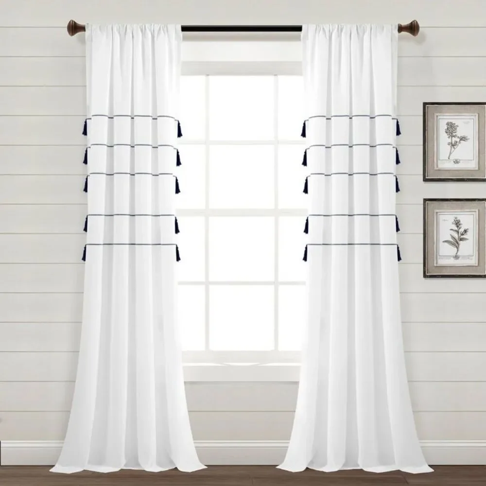 Lush Décor 2pk Farmhouse Boho Striped Tassel Curtains - White 84x42